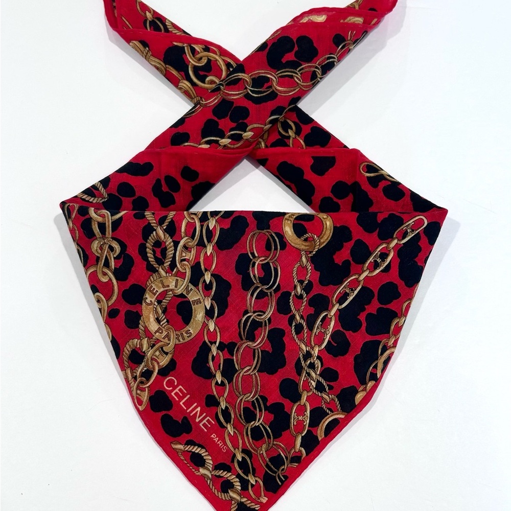WOMEN HANDKERCHIEF CELINE Gold Chain Leopard Red COTTON POCKET SQUARE 20”